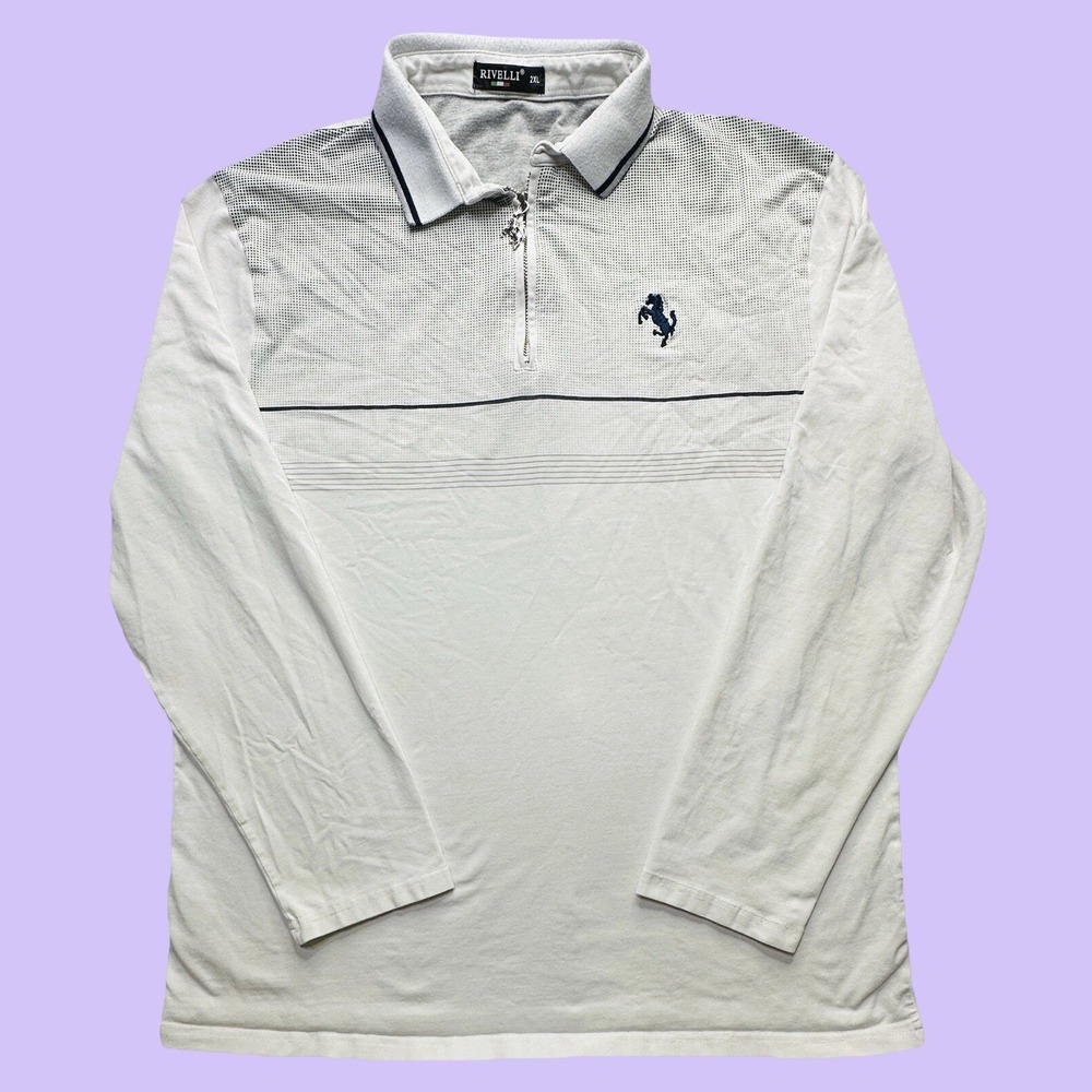 Rivelli Polo Shirt Mens 2XL White Quarter Zip Long Sleeve Horse Logo Micro Dot